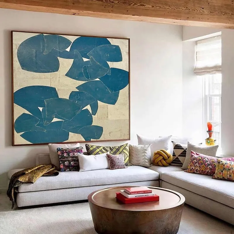 Hand painted abstract oil painting on canvas, blue acrylic modern wall art, square size 60cm x 60cm, no frame