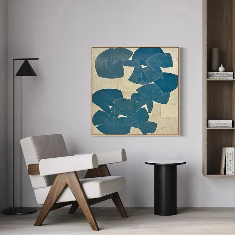 Hand painted abstract oil painting on canvas, blue acrylic modern wall art, square size 60cm x 60cm, no frame