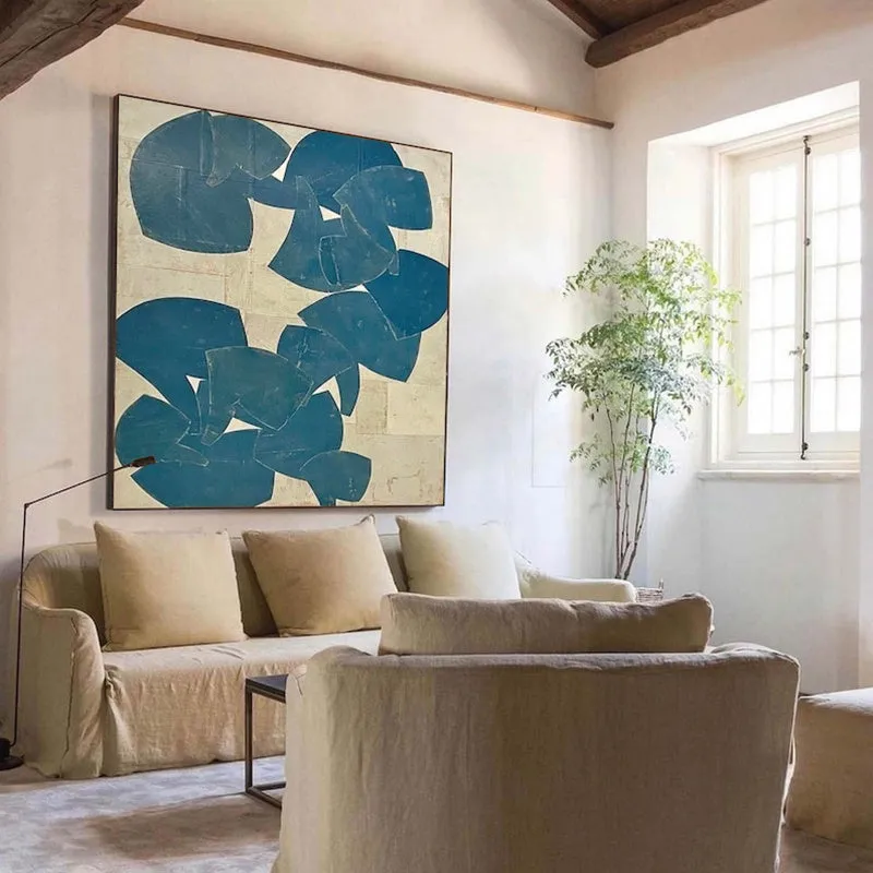 Hand painted abstract oil painting on canvas, blue acrylic modern wall art, square size 60cm x 60cm, no frame