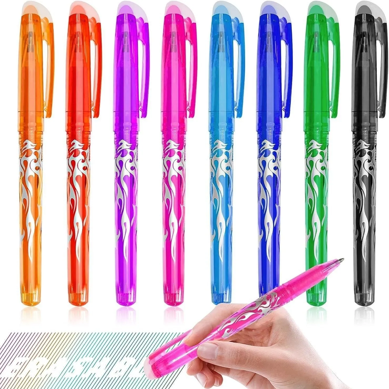 Set of heat-erasable gel pens with plastic bodies and stainless steel nibs in multiple colours.