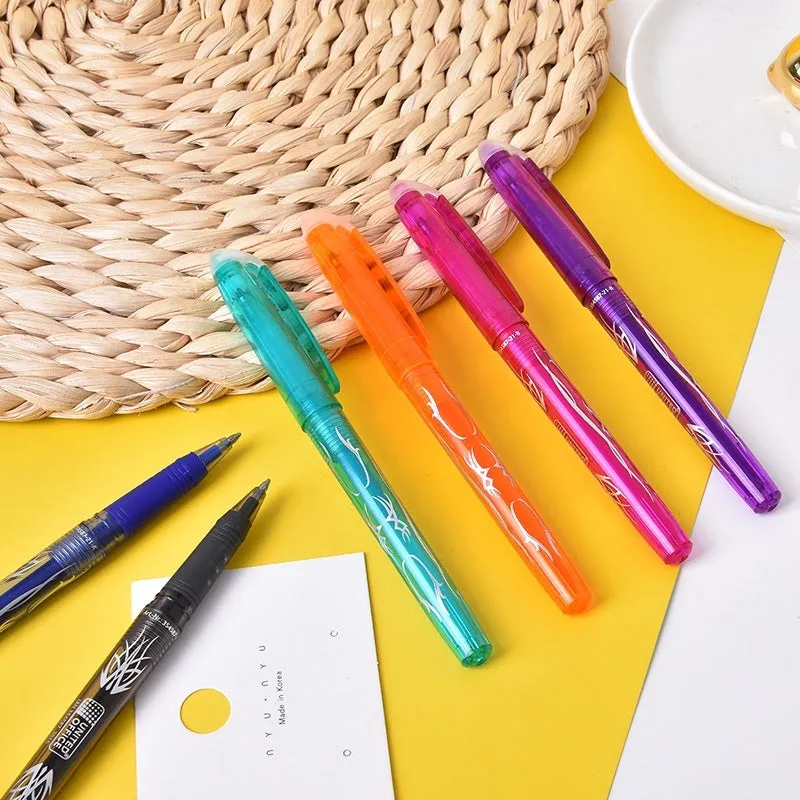 Set of heat-erasable gel pens with plastic bodies and stainless steel nibs in multiple colours.