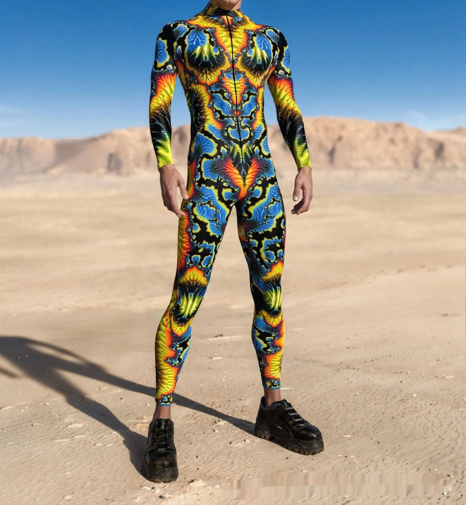 3D digital print Halloween cosplay jumpsuit in street hipster style on a model, spandex blend one-piece costume