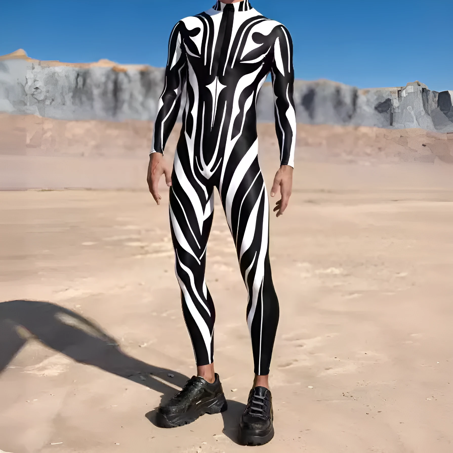3D digital print Halloween cosplay jumpsuit in street hipster style on a model, spandex blend one-piece costume