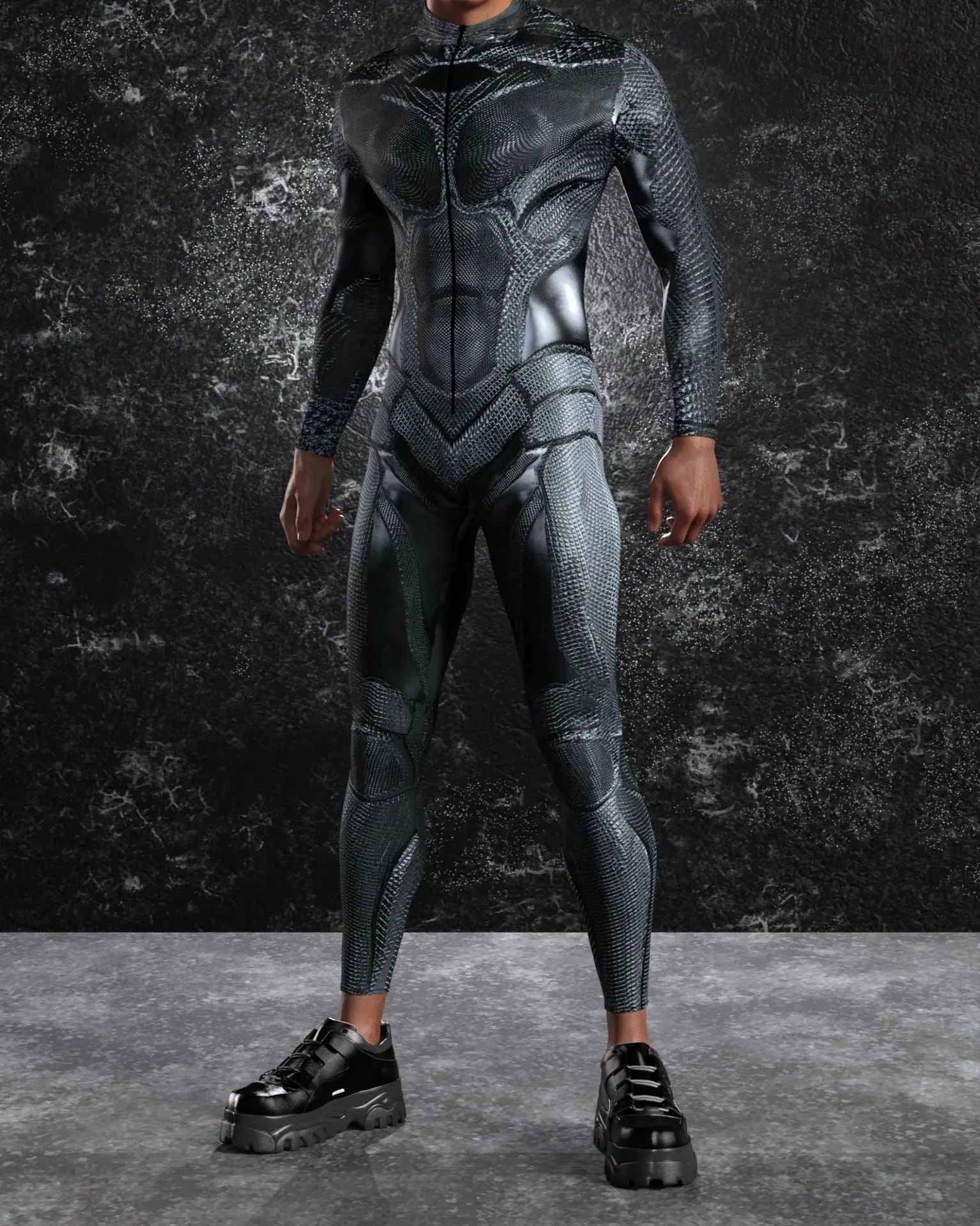 3D digital print Halloween cosplay jumpsuit in street hipster style on a model, spandex blend one-piece costume
