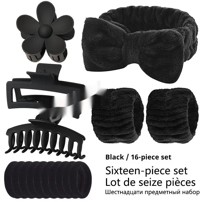 Bow-shaped washing face hair band with plaid pattern and wrist strap, assorted colours set of 16