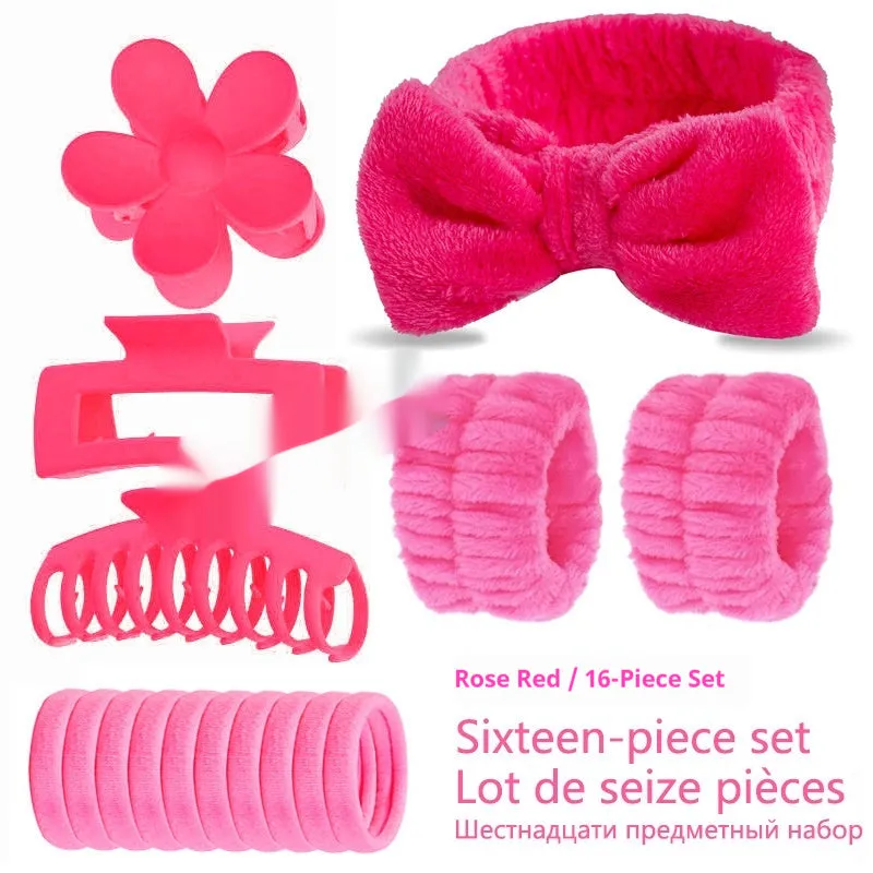 Bow-shaped washing face hair band with plaid pattern and wrist strap, assorted colours set of 16