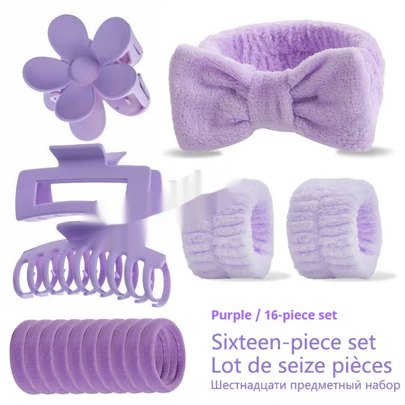 Bow-shaped washing face hair band with plaid pattern and wrist strap, assorted colours set of 16
