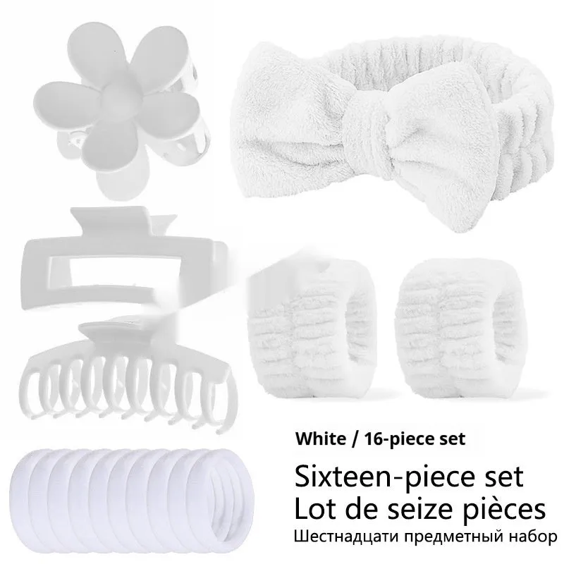 Bow-shaped washing face hair band with plaid pattern and wrist strap, assorted colours set of 16