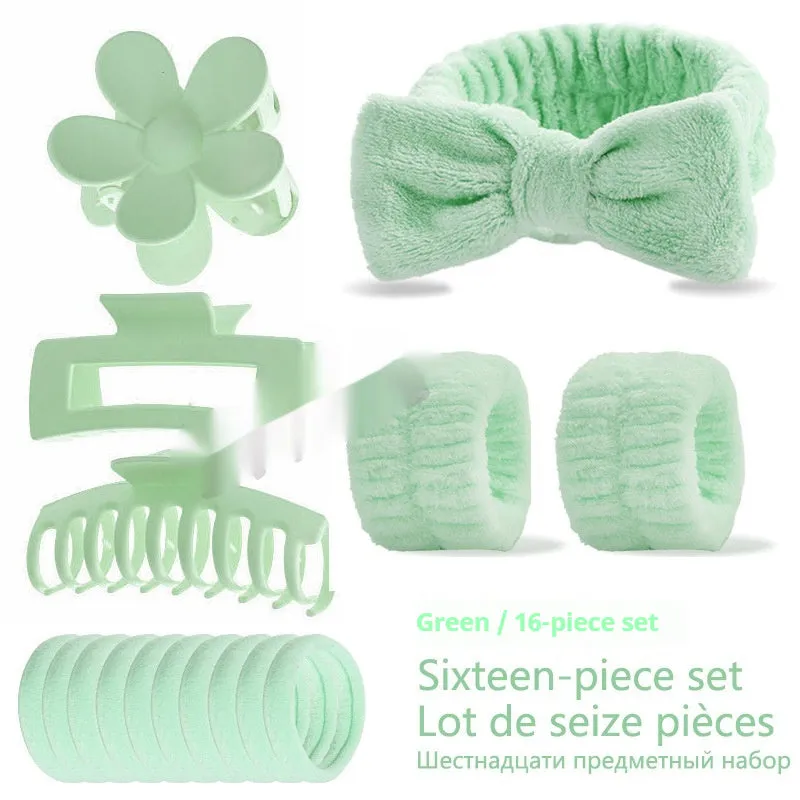 Bow-shaped washing face hair band with plaid pattern and wrist strap, assorted colours set of 16