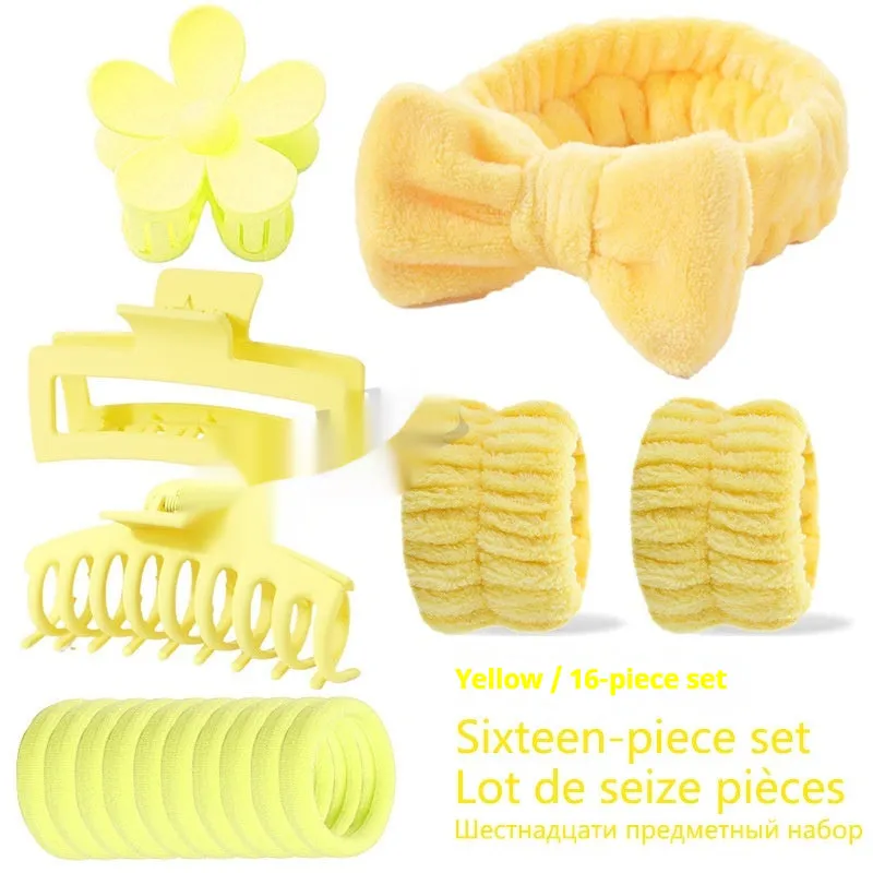 Bow-shaped washing face hair band with plaid pattern and wrist strap, assorted colours set of 16