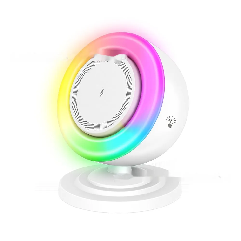 Three-in-one wireless charger with Bluetooth speaker and coloured lights in white finish
