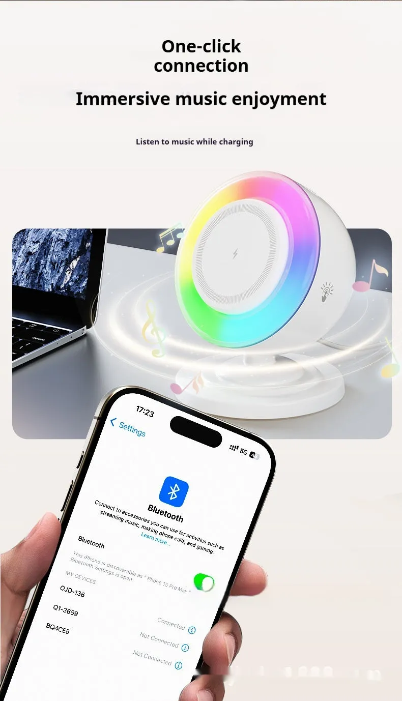 Three-in-one wireless charger with Bluetooth speaker and coloured lights in white finish