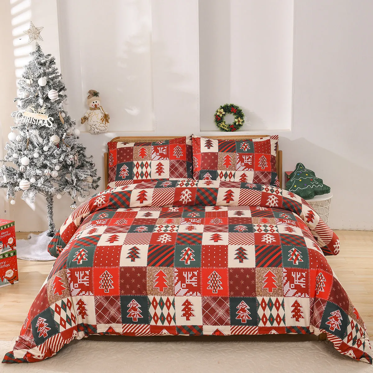Christmas red plaid bedding three-piece set with European bed cover-style design on chemical fibre fabric