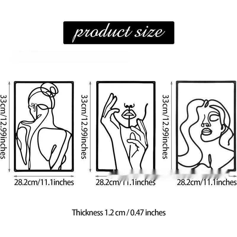 Black metal female line silhouette wall decoration set for home