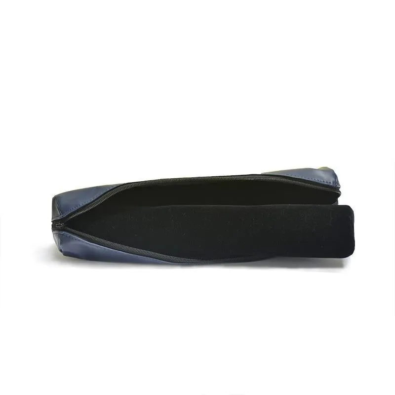 Portable bracelet watch storage bag in black leather with black bracelet stick on a flat surface