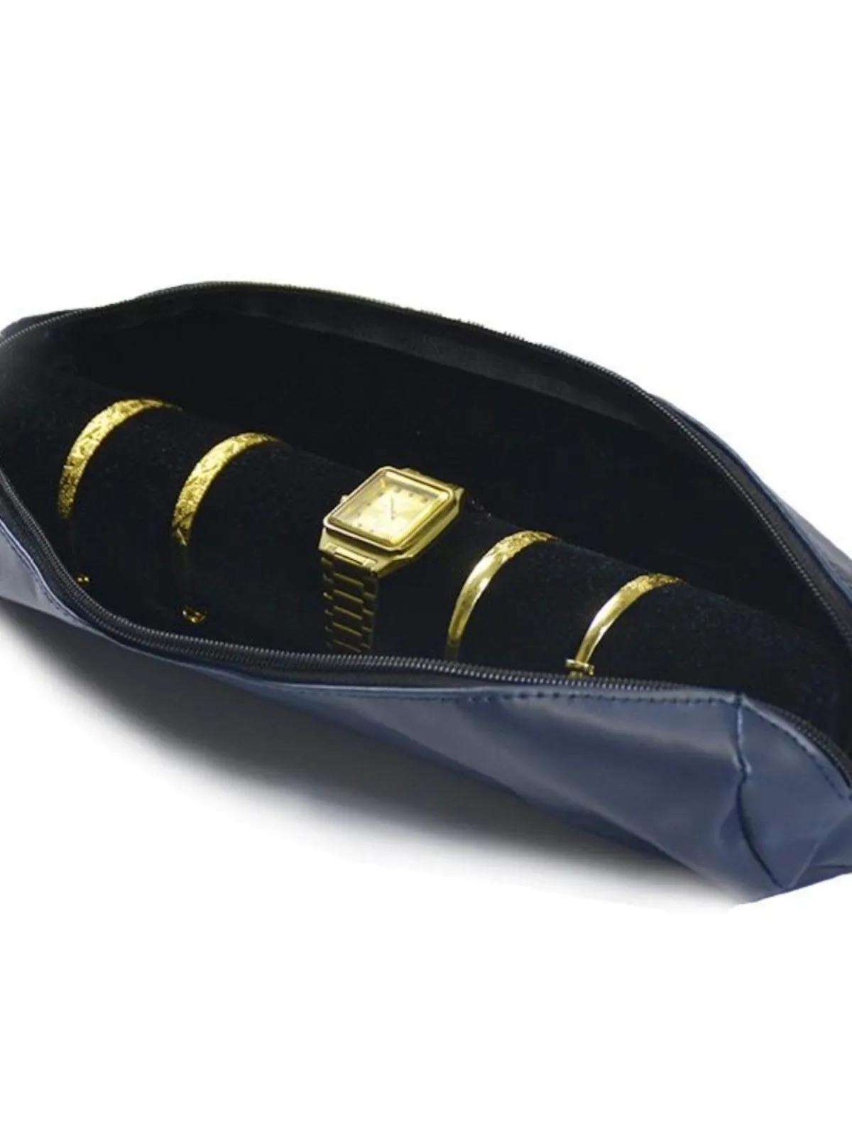Portable bracelet watch storage bag in black leather with black bracelet stick on a flat surface