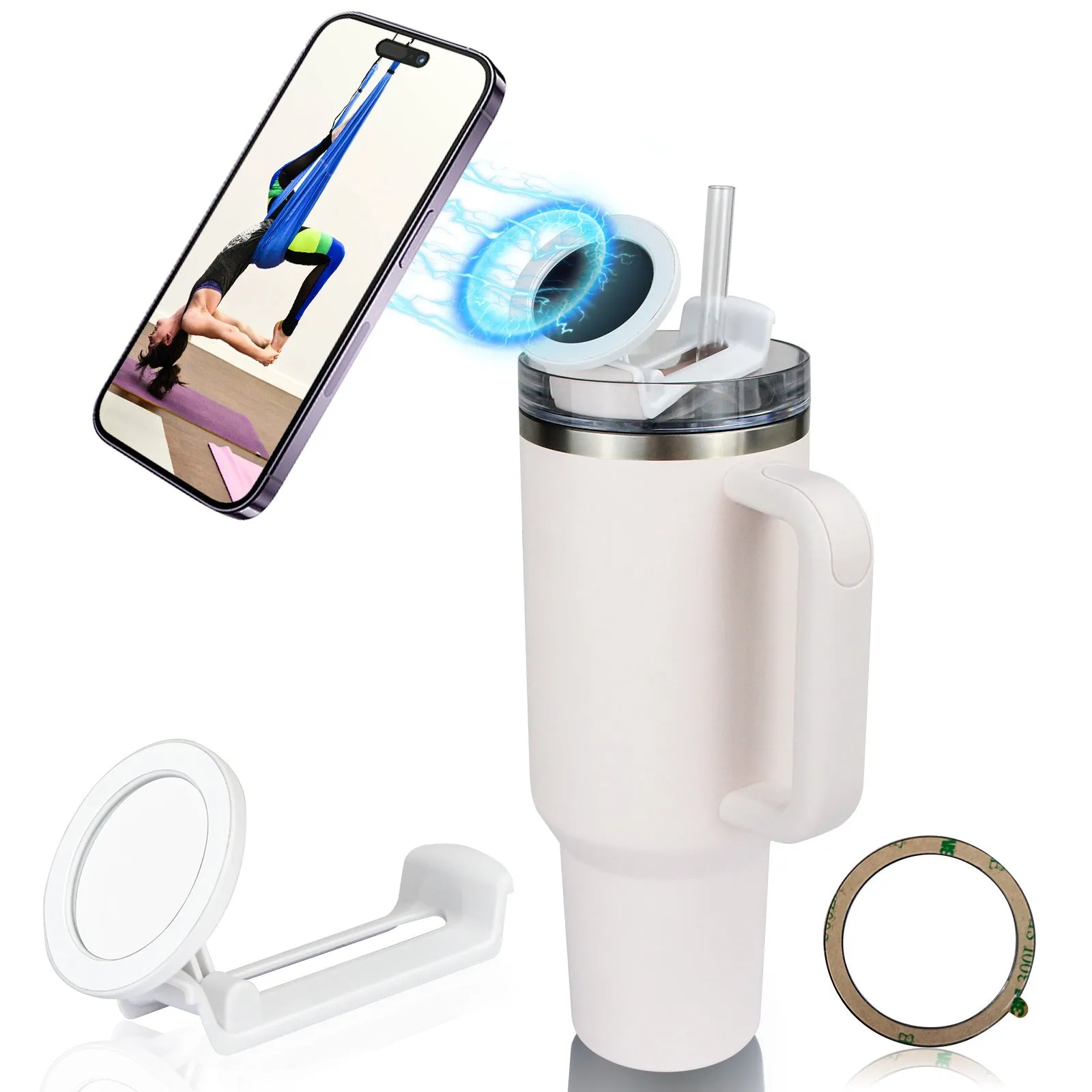 Magnetic plastic phone holder attached to a water cup showing hands-free viewing angle