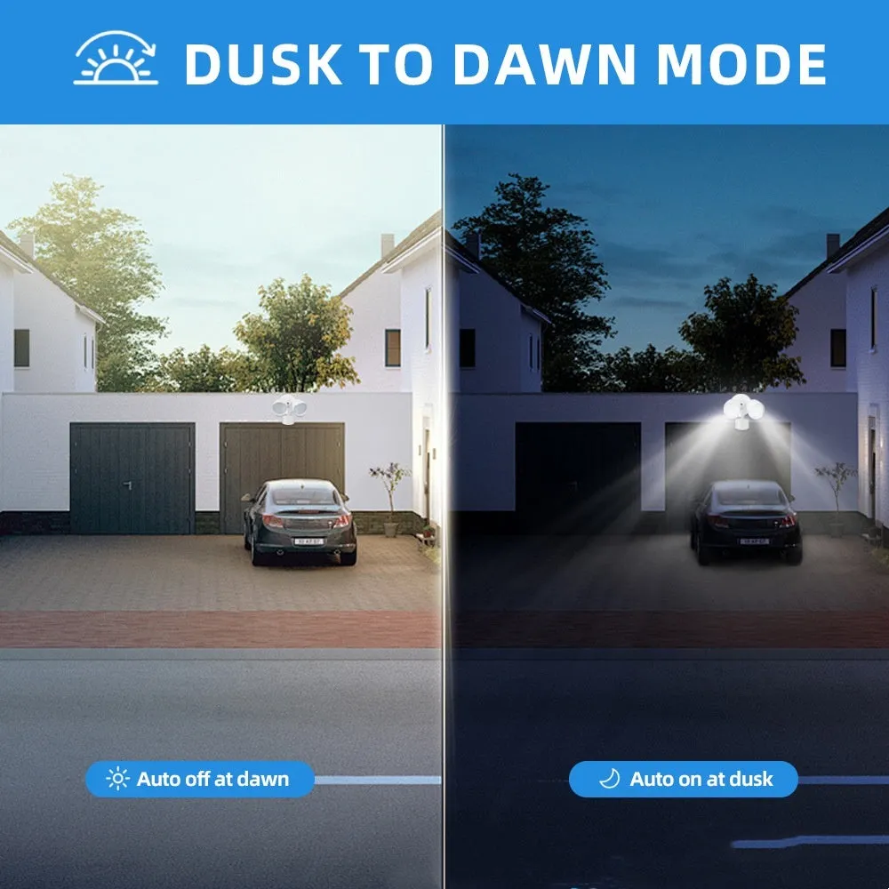 White 120V LED security flood light with motion sensor, dimensions 200x195x168mm, for outdoor installation