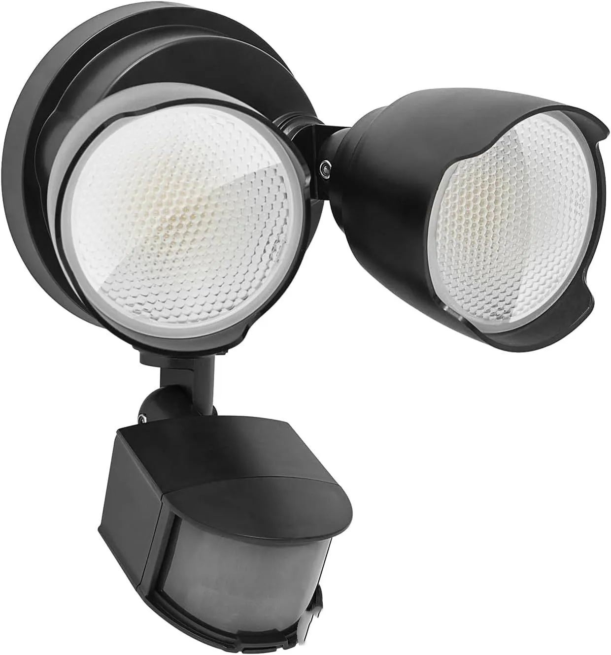 White 120V LED security flood light with motion sensor, dimensions 200x195x168mm, for outdoor installation