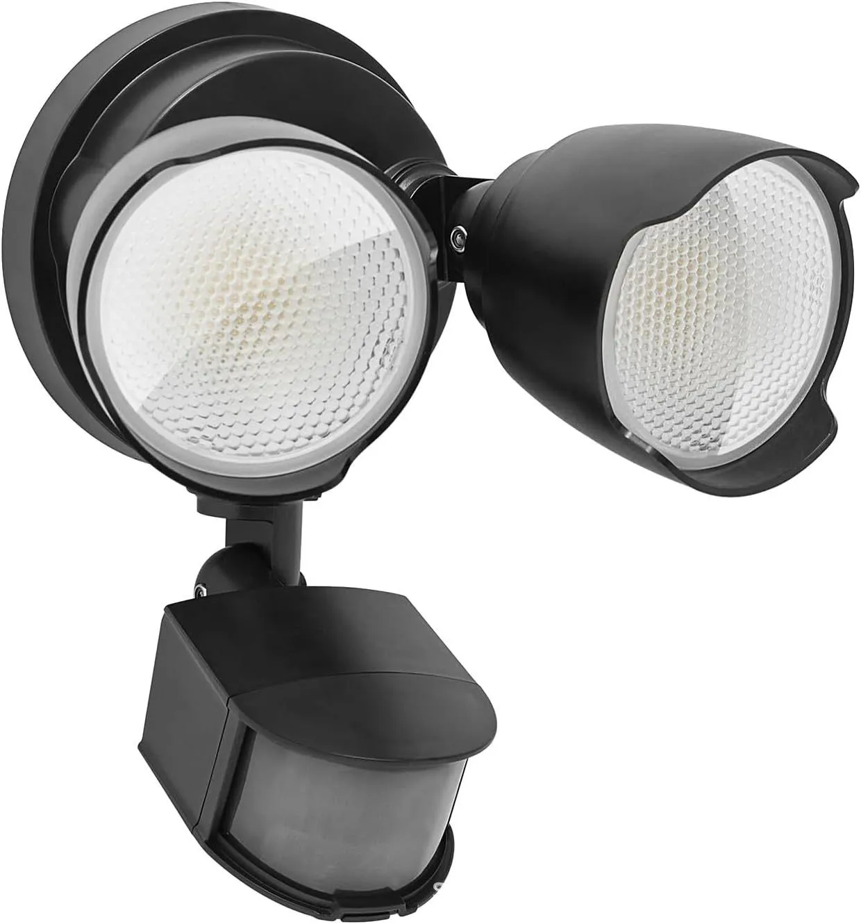 White 120V LED security flood light with motion sensor, dimensions 200x195x168mm, for outdoor installation