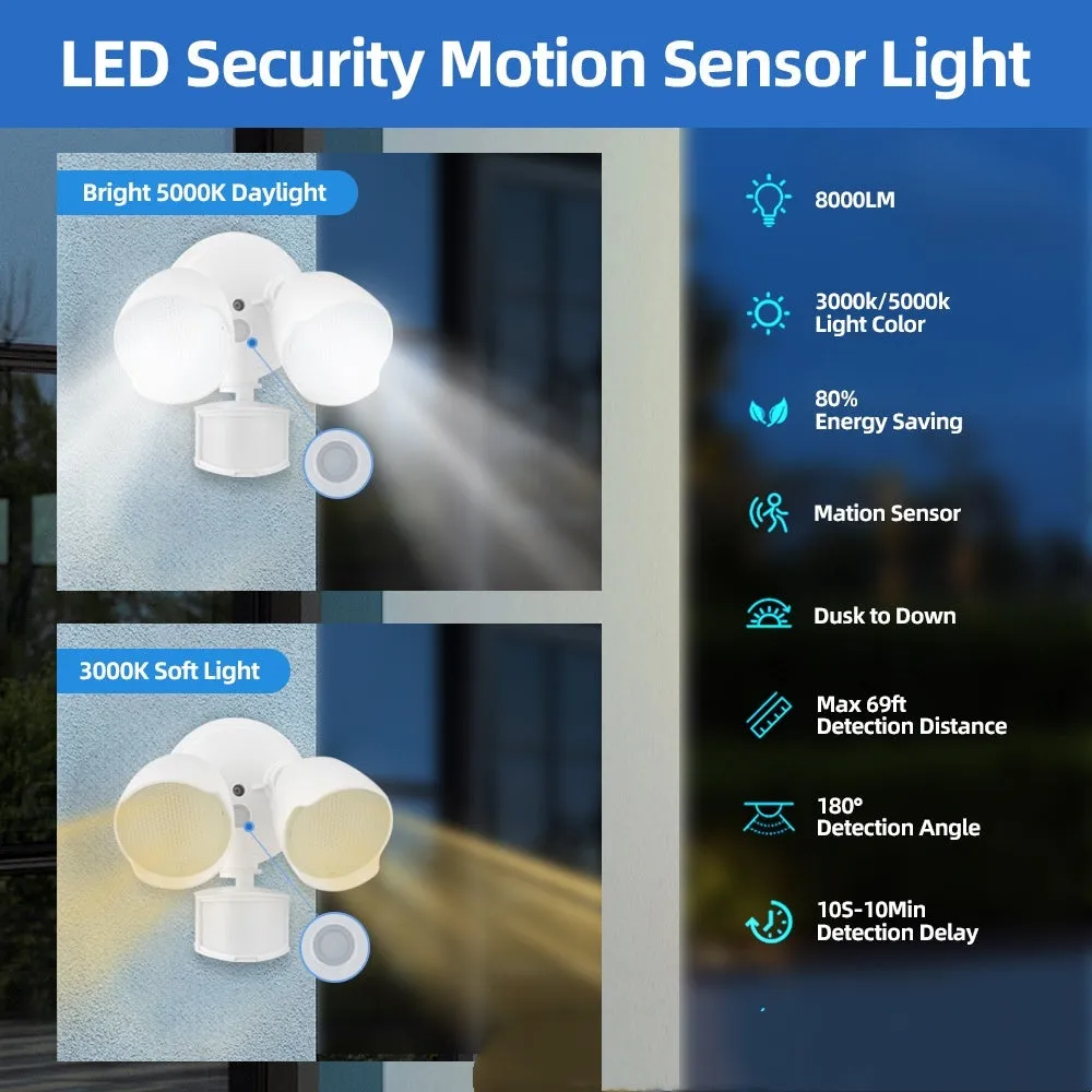White 120V LED security flood light with motion sensor, dimensions 200x195x168mm, for outdoor installation