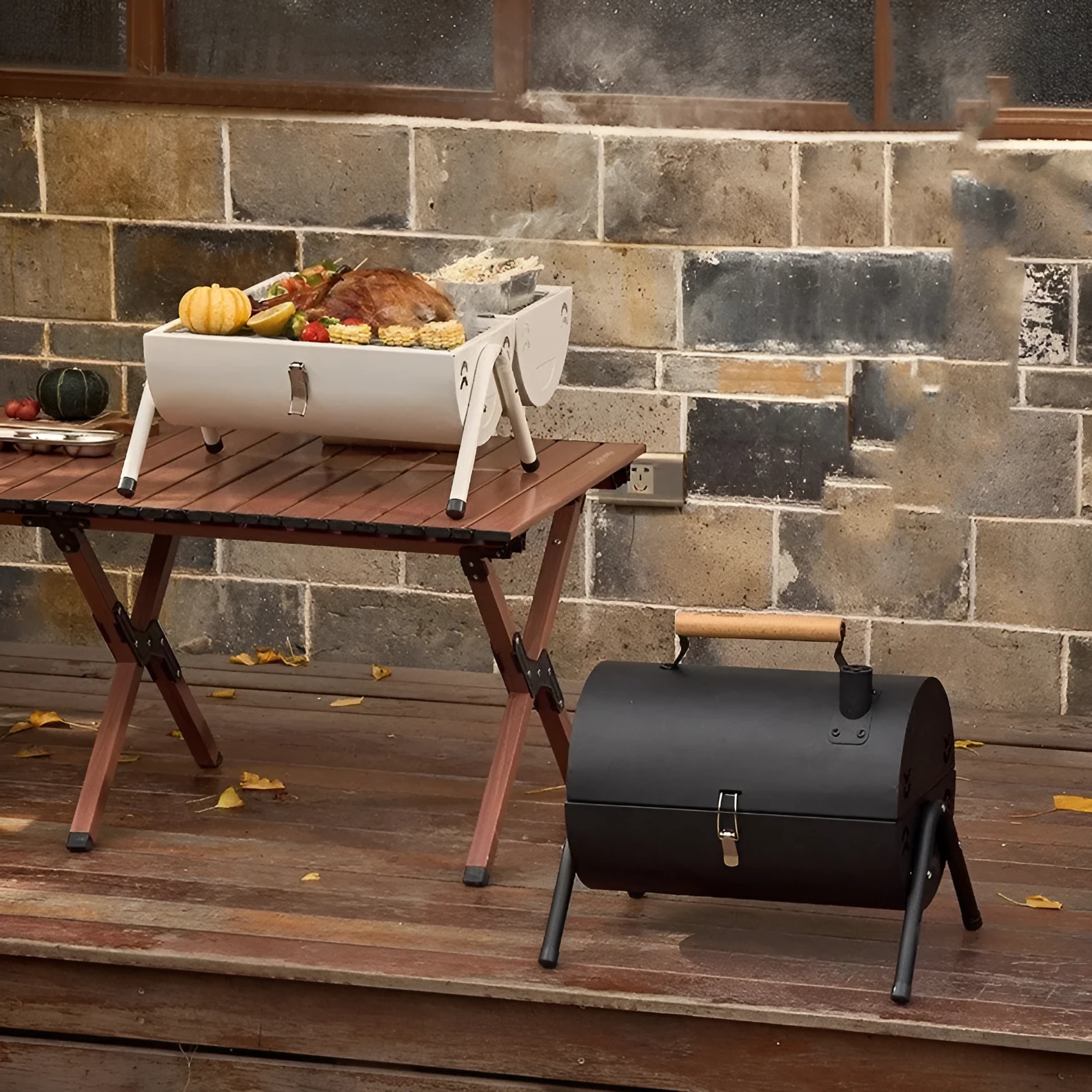 White round chimney oven style portable grill for frying and baking outdoors.