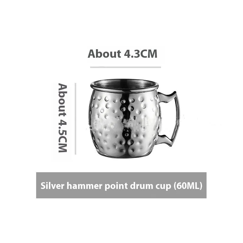 Stainless steel Moscow Mule cup with copper plating in hammered and plain styles, shown in gold and silver finishes.