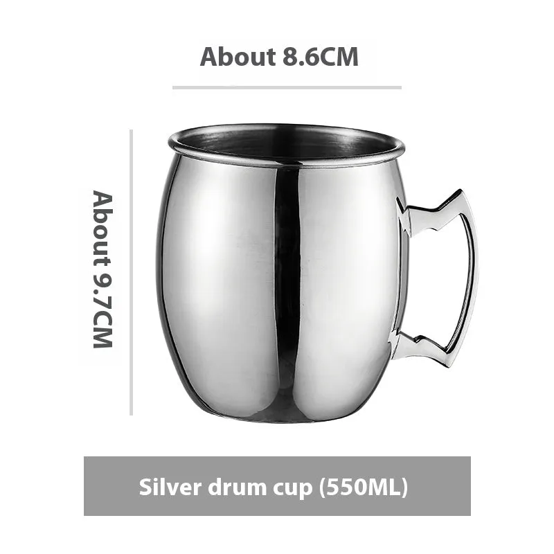 Stainless steel Moscow Mule cup with copper plating in hammered and plain styles, shown in gold and silver finishes.