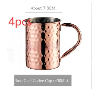 Stainless steel Moscow Mule cup with copper plating in hammered and plain styles, shown in gold and silver finishes.