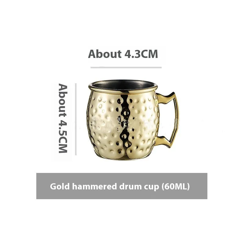 Stainless steel Moscow Mule cup with copper plating in hammered and plain styles, shown in gold and silver finishes.