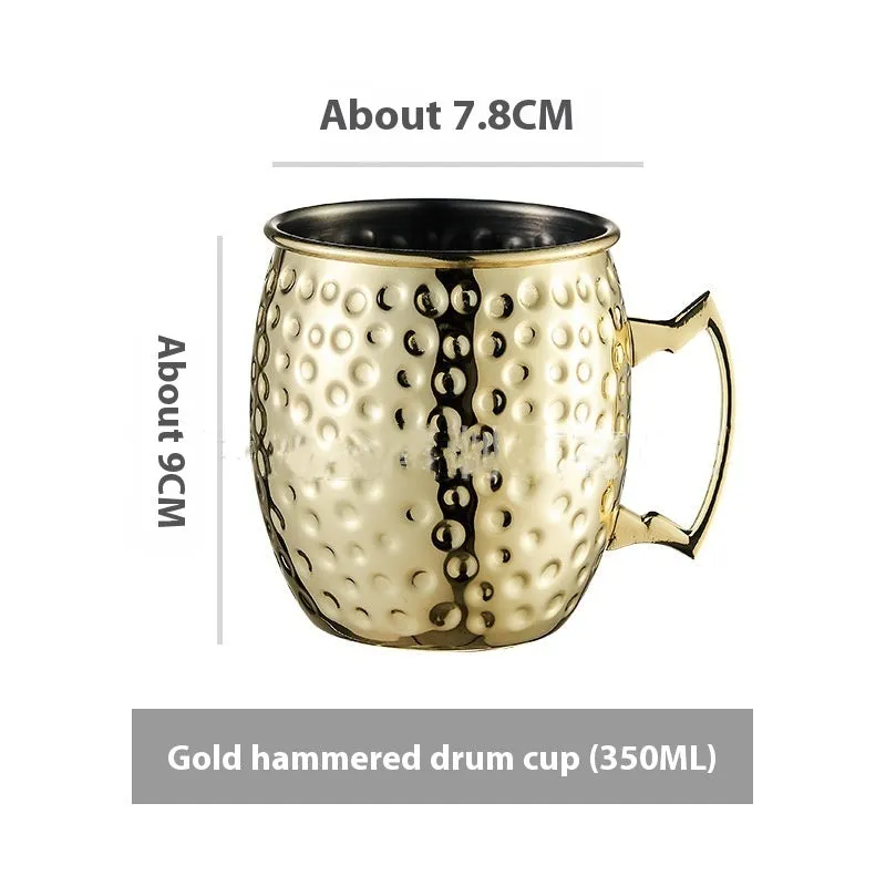 Stainless steel Moscow Mule cup with copper plating in hammered and plain styles, shown in gold and silver finishes.