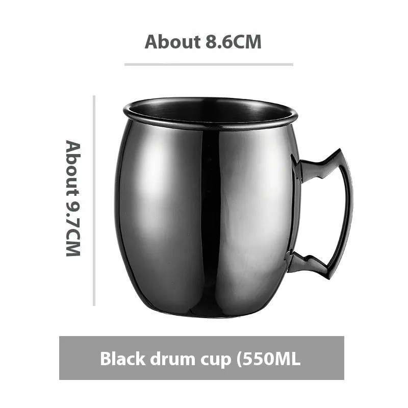 Stainless steel Moscow Mule cup with copper plating in hammered and plain styles, shown in gold and silver finishes.