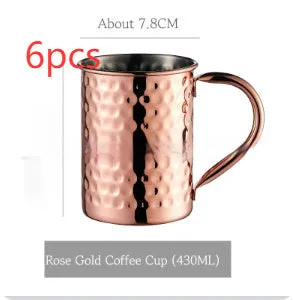 Stainless steel Moscow Mule cup with copper plating in hammered and plain styles, shown in gold and silver finishes.