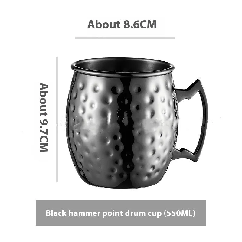 Stainless steel Moscow Mule cup with copper plating in hammered and plain styles, shown in gold and silver finishes.