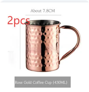 Stainless steel Moscow Mule cup with copper plating in hammered and plain styles, shown in gold and silver finishes.