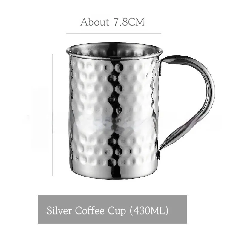 Stainless steel Moscow Mule cup with copper plating in hammered and plain styles, shown in gold and silver finishes.