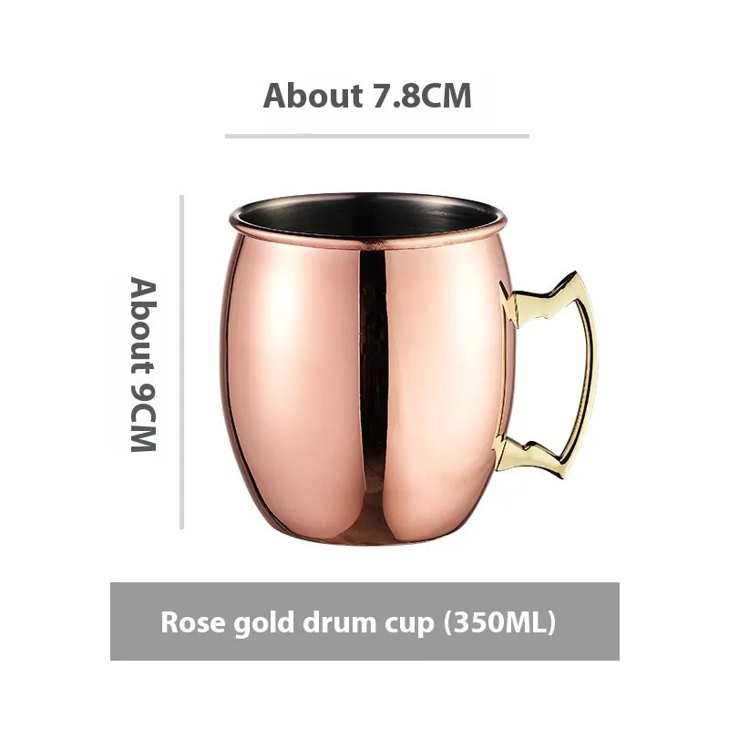 Stainless steel Moscow Mule cup with copper plating in hammered and plain styles, shown in gold and silver finishes.