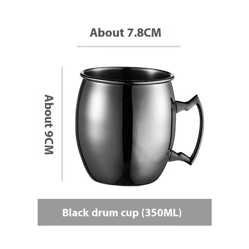 Stainless steel Moscow Mule cup with copper plating in hammered and plain styles, shown in gold and silver finishes.
