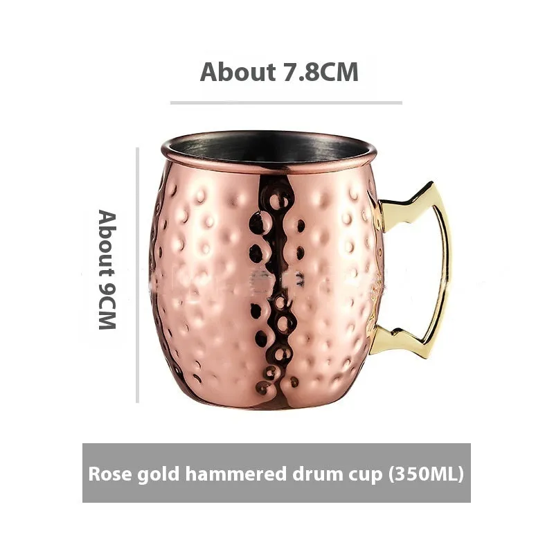 Stainless steel Moscow Mule cup with copper plating in hammered and plain styles, shown in gold and silver finishes.
