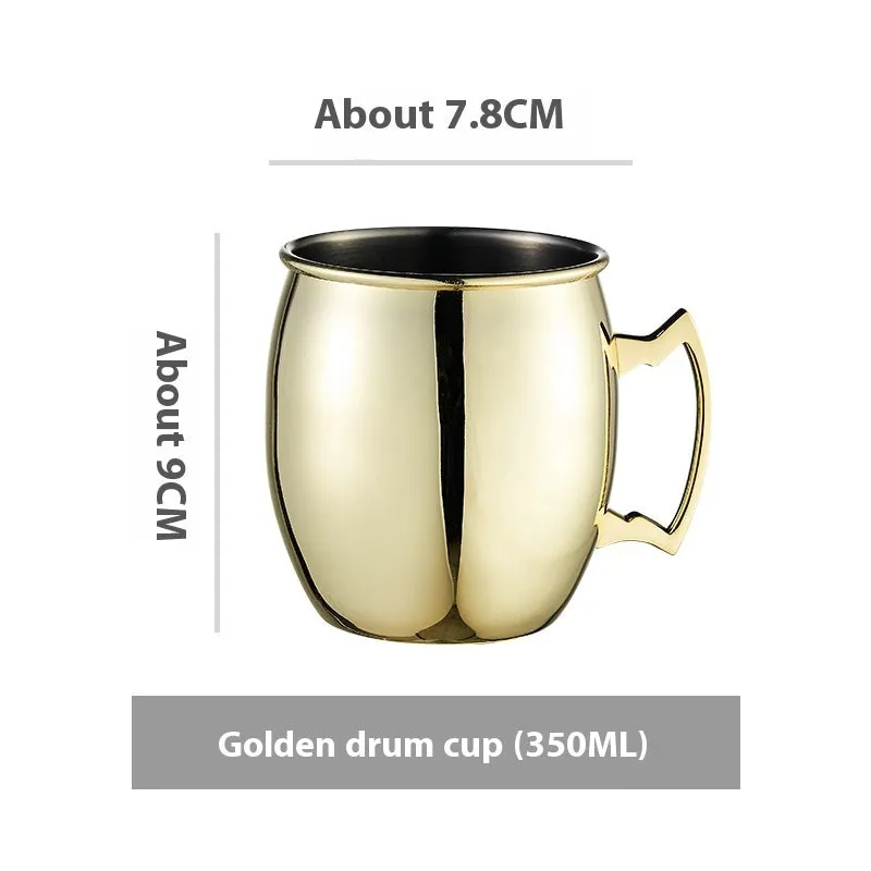 Stainless steel Moscow Mule cup with copper plating in hammered and plain styles, shown in gold and silver finishes.