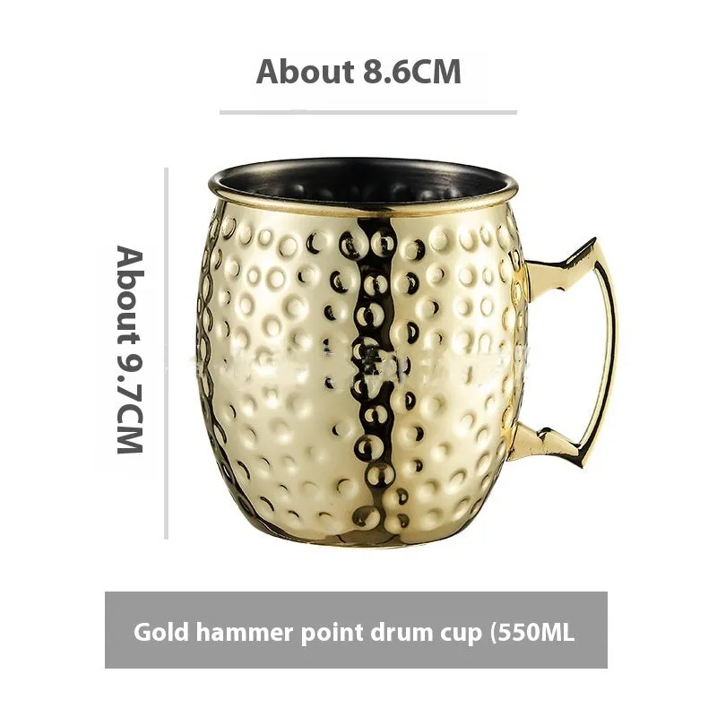 Stainless steel Moscow Mule cup with copper plating in hammered and plain styles, shown in gold and silver finishes.