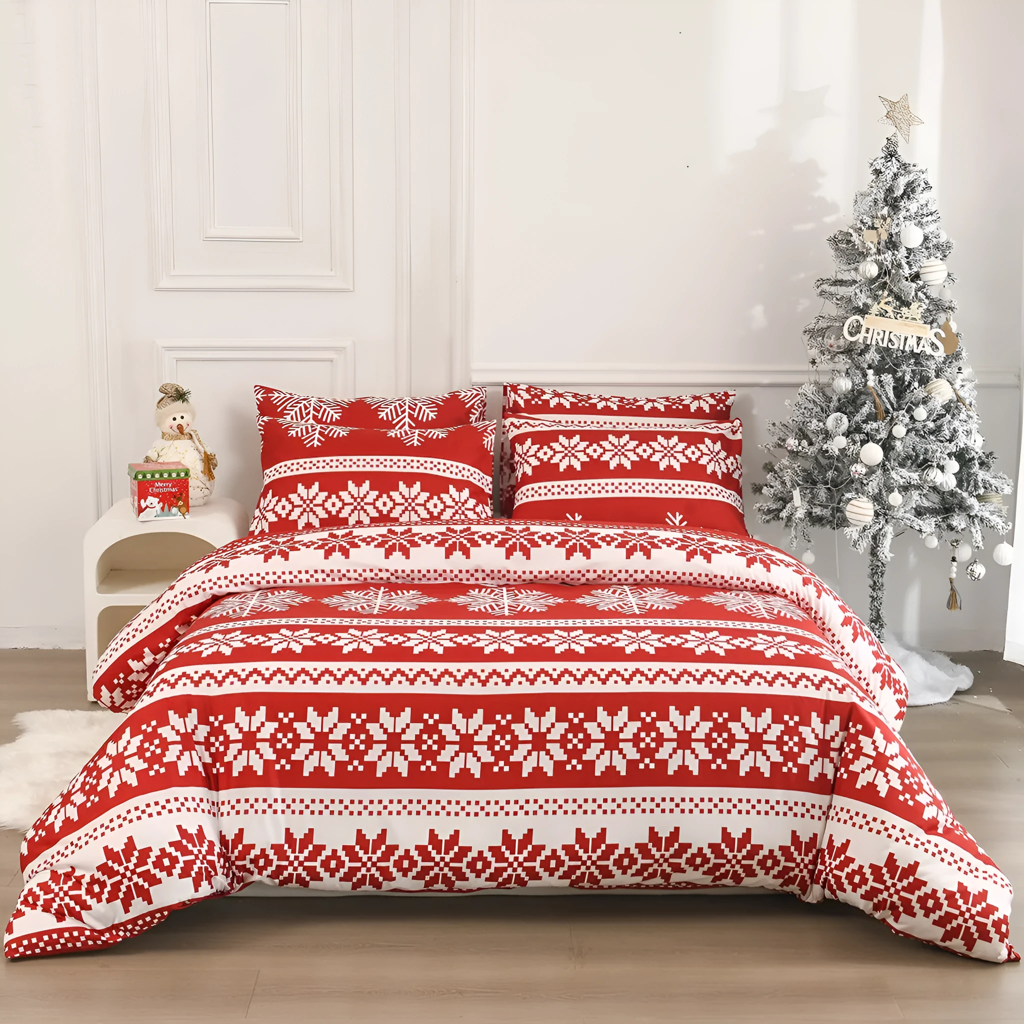 Red Christmas Love Song patterned bed linen three-piece set with quilt cover and pillowcases