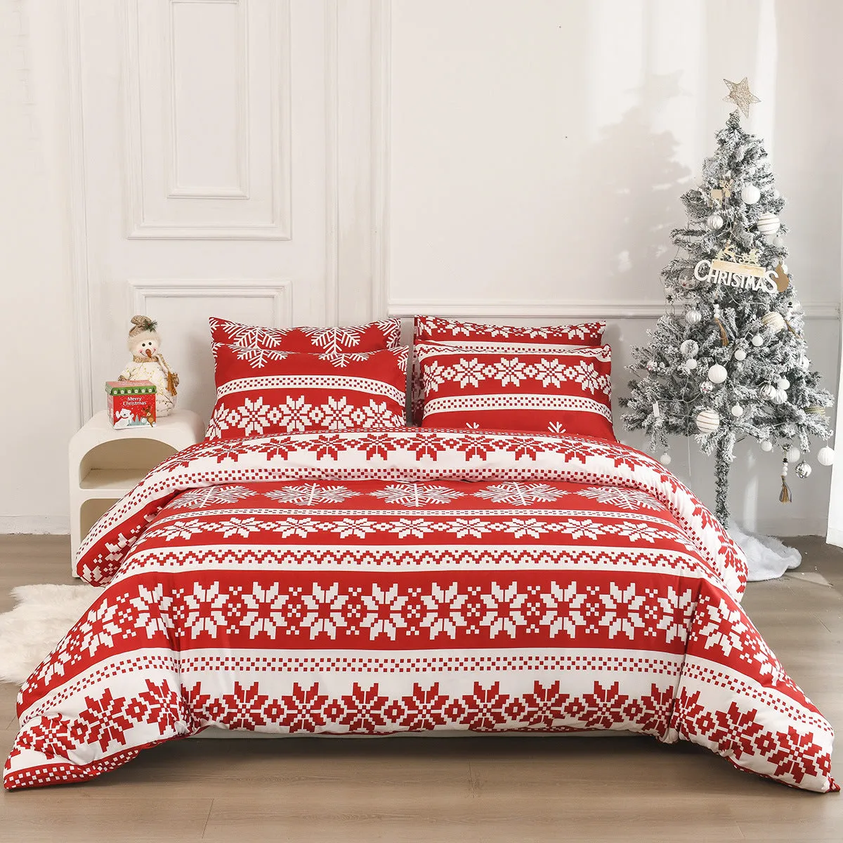 Red Christmas Love Song patterned bed linen three-piece set with quilt cover and pillowcases
