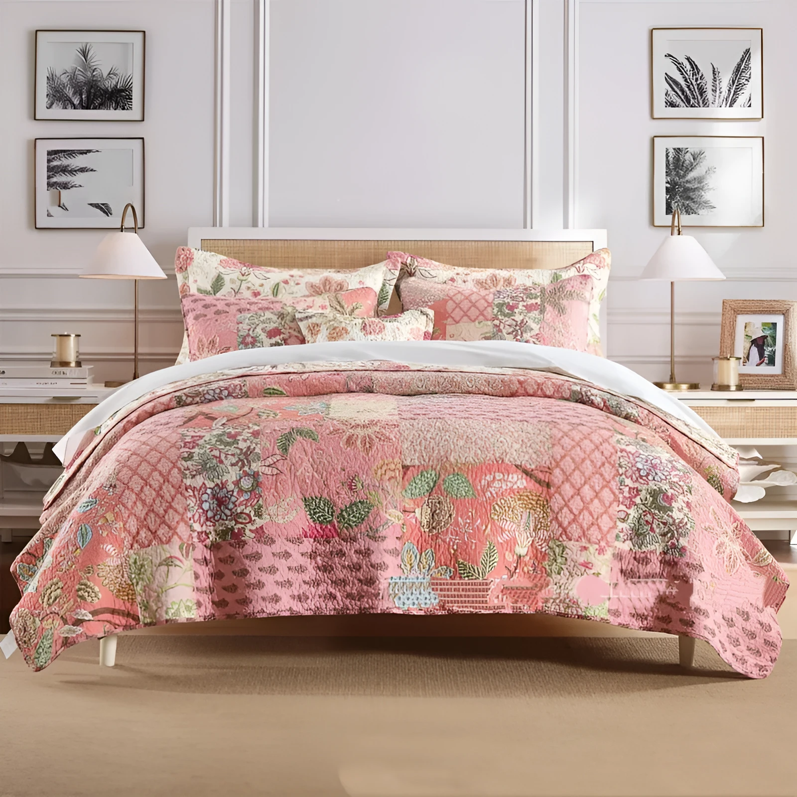 Handmade pure cotton bedding set in pink with flowers pattern on a 2.0m bed