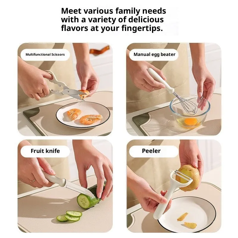 Six-piece white stainless steel kitchen gadget set with modern simplicity design on a clean surface