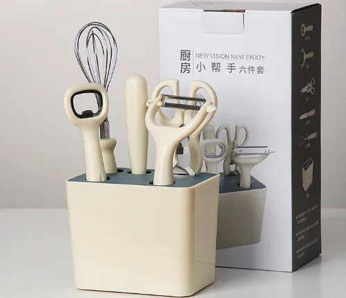 Six-piece white stainless steel kitchen gadget set with modern simplicity design on a clean surface