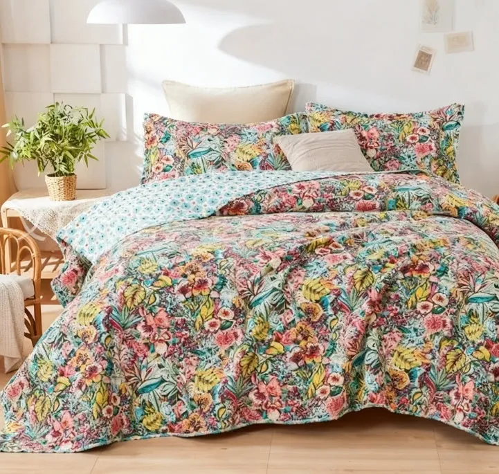 All cotton three-piece quilted bed cover set with plant and flower pattern 230x250cm American style