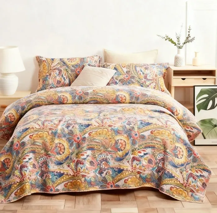 All cotton three-piece quilted bed cover set with plant and flower pattern 230x250cm American style