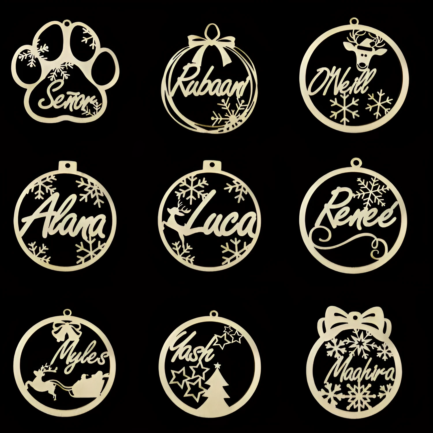 Wooden hollow carved Christmas tree pendant with English name space, American style