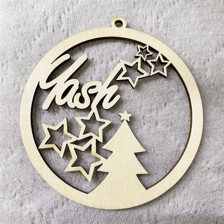 Wooden hollow carved Christmas tree pendant with English name space, American style